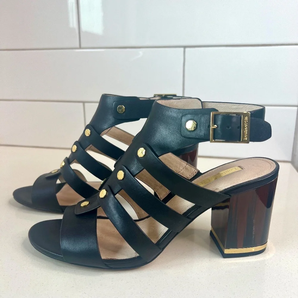 Louise et Cie Lo-Vira black leather sandals, tortoise color block heel - Picture 1 of 15